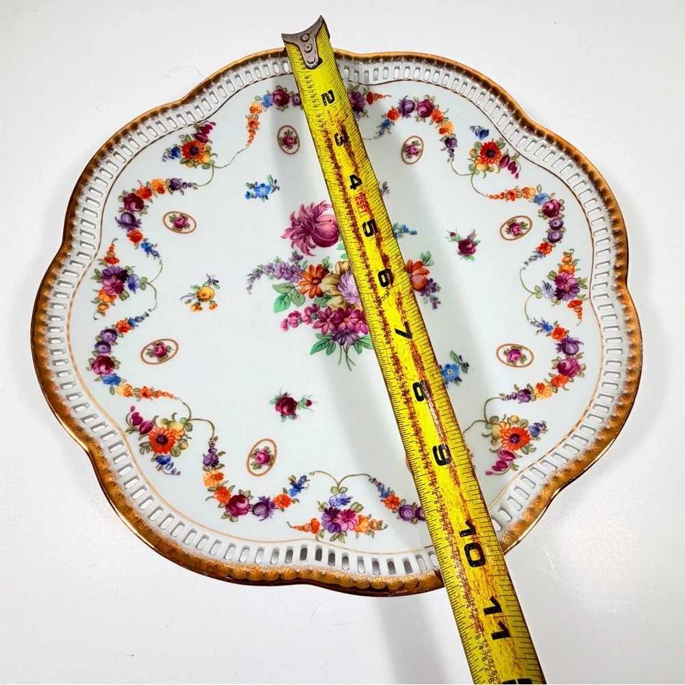 Schumann Bavaria Reticulated Plate Germany Dresden Flowers Pierced Porcelain 10”